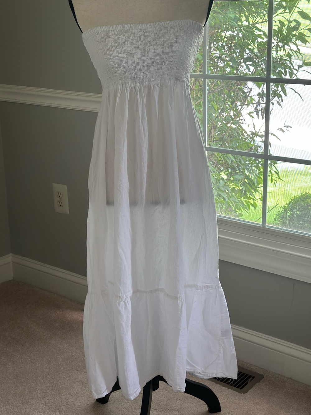 Cotton strapless Maxi Dress White Smocked Open Back size xl Ethereal Fairy